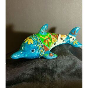 Vintage Blue Green Dolphin Colorful Art Pottery  Ceramic 8 1/2" Long